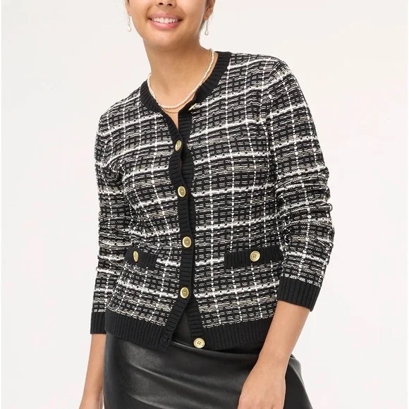 J. Crew Sweaters - Black & white plaid cardigan with gold accents 🧶✨🖤